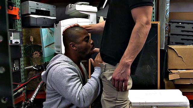 Black gay pawn fucked by pawnshop owners in stockroom 3some