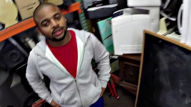 Black gay pawn fucked by pawnshop owners in stockroom 3some