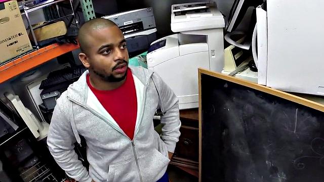 Black gay pawn fucked by pawnshop owners in stockroom 3some