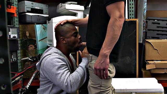 Black gay pawn fucked by pawnshop owners in stockroom 3some