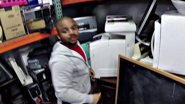 Black gay pawn fucked by pawnshop owners in stockroom 3some