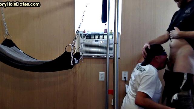 Gloryhole DILF assfucked in sling by cocksucked BF