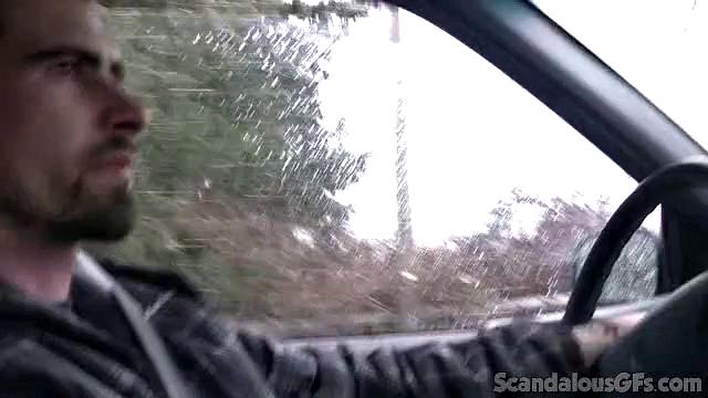 A amateur GF tease her pussy in the car while wearing glasses