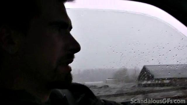 A amateur GF tease her pussy in the car while wearing glasses