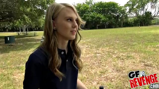 Naughty blonde school girl gives you a hot one-on-one foreplay blowjob and handjob