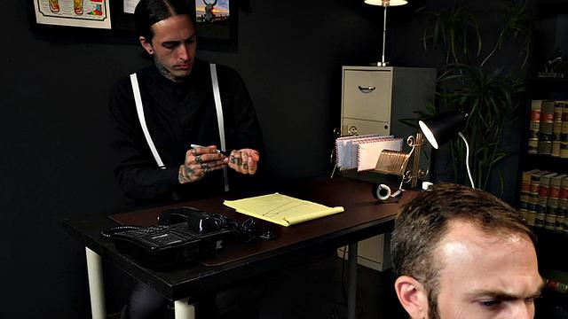 Mesmerized office jock in fishnets fucks his boss