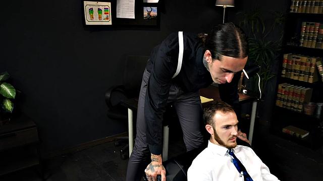 Mesmerized office jock in fishnets fucks his boss