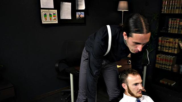 Mesmerized office jock in fishnets fucks his boss