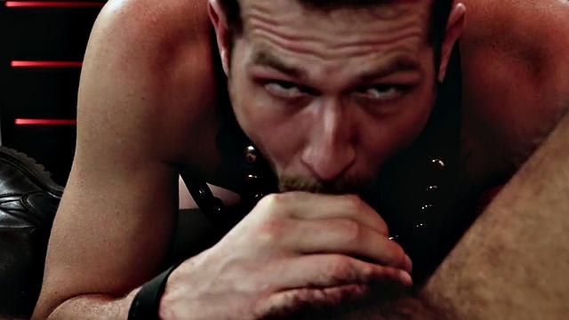 Fisting jock in leather harness rims and fists BF's asshole