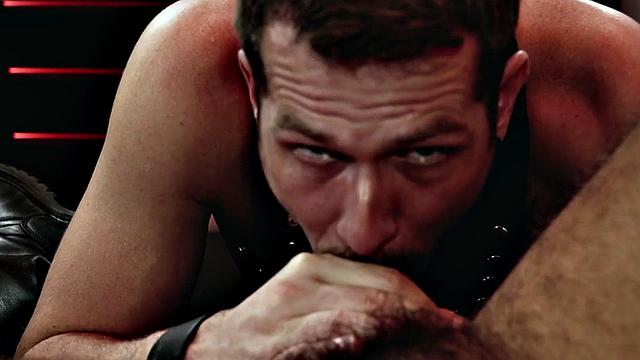 Fisting jock in leather harness rims and fists BF's asshole