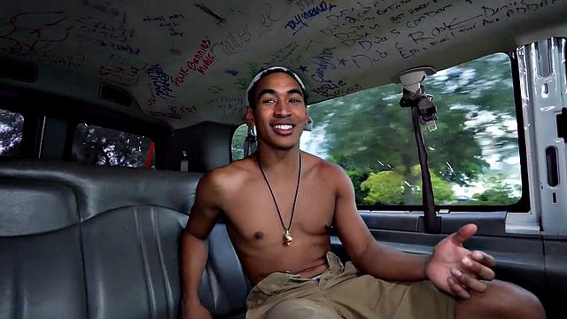 Ebony stud gets balls licked by hairy gay in pickup bus