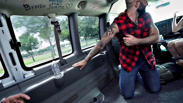 Ebony stud gets balls licked by hairy gay in pickup bus