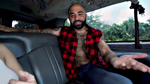 Ebony stud gets balls licked by hairy gay in pickup bus