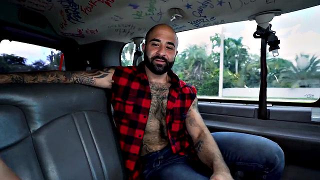 Ebony stud gets balls licked by hairy gay in pickup bus