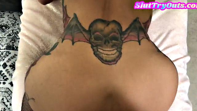 Tattooed amateur MILF in black stockings POV nailed