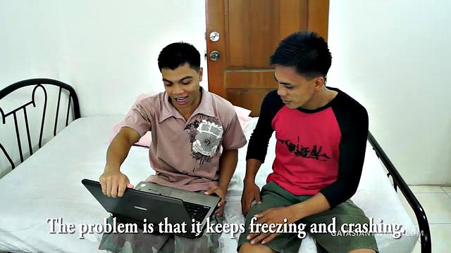 Asian gay boy Vahn eyes the sexy young computer technician who arrived to fix his laptop. He fixed his computer several days ago and Vahn has been horny for him ever since.