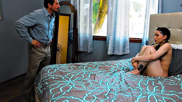 Watch this tattooed brunette get her tight pussy stretched by a big white dick in her tight shorts