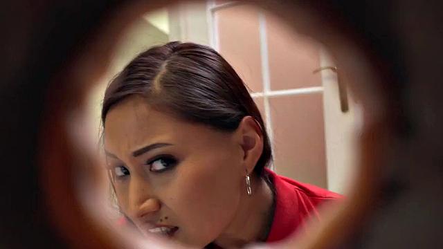 Busty Asian nurse with gloves pegging nerds ass be4 fucked