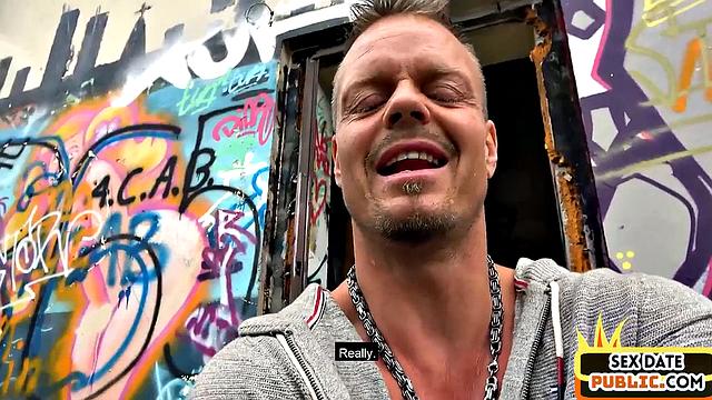 Pierced blondie cockbouncing outdoors