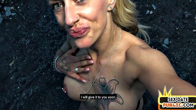 Pierced blondie cockbouncing outdoors
