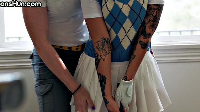 Boobylicious tranny fucks horny girl in missionary