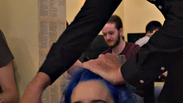 Dominated public slut sucks before golden shower