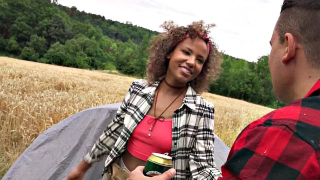 Pussyfingered Ebony babe gets fucked in outdoor tent