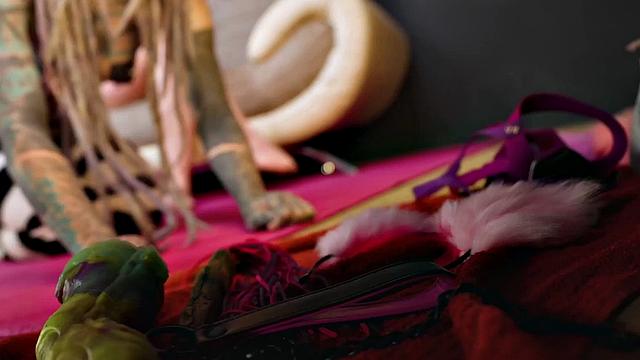 Pet Play dominatrix controls Tattoo cat-girl