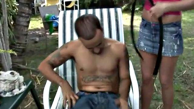 Small dick mistresses wank submissive in outdoor threeway