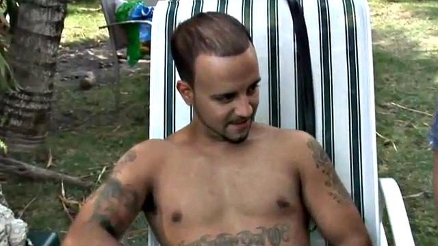 Small dick mistresses wank submissive in outdoor threeway