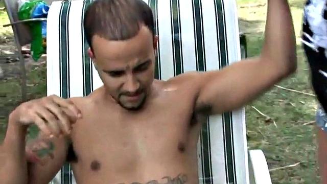 Small dick mistresses wank submissive in outdoor threeway