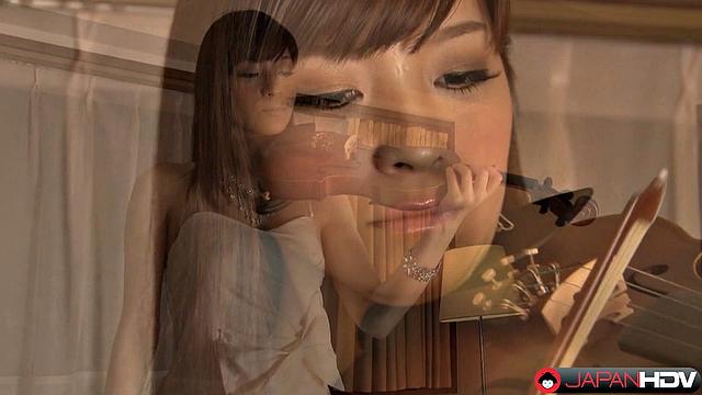 Sexy Yuria Tominaga is very beautiful in her white dress. The babe plays violin very well but do you thing that she can slide her bow in a other place ?