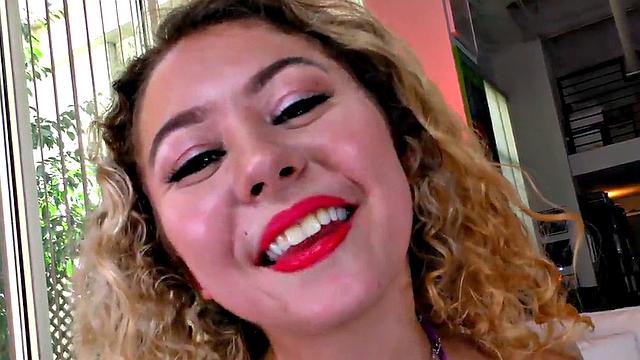 Curly cutie blows while giving tugjob in POV