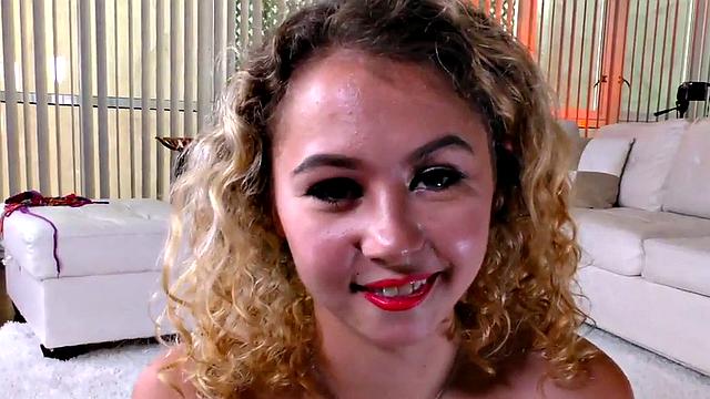 Curly cutie blows while giving tugjob in POV