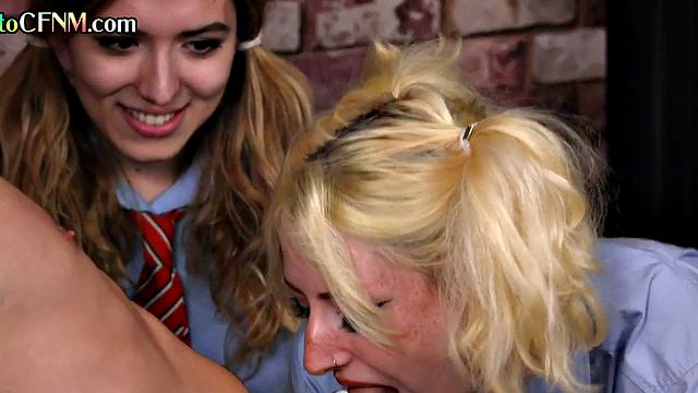 College uniform CFNM deepthroating in group