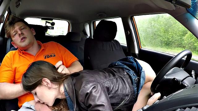 Throatfucked teen banged outdoor in car by BWC instructor