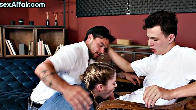 Cute 21yo bisex babe sucking and jerking in 3some