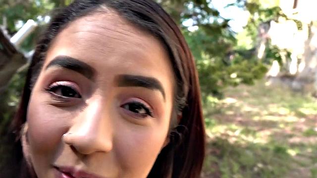 Watch this sexy Spanish babe get pounded hard after giving a sloppy BJ in public