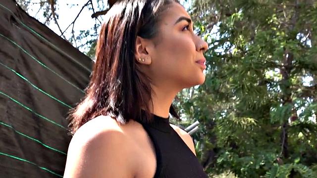 Watch this sexy Spanish babe get pounded hard after giving a sloppy BJ in public