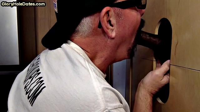 Mature gloryhole amateur DILF sucks and wanks cock