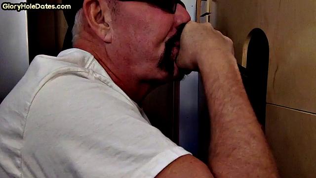 Mature gloryhole amateur DILF sucks and wanks cock