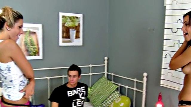 Wild women fuck perverted guy in threesome in asshole