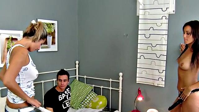 Wild women fuck perverted guy in threesome in asshole