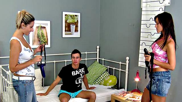 Wild women fuck perverted guy in threesome in asshole