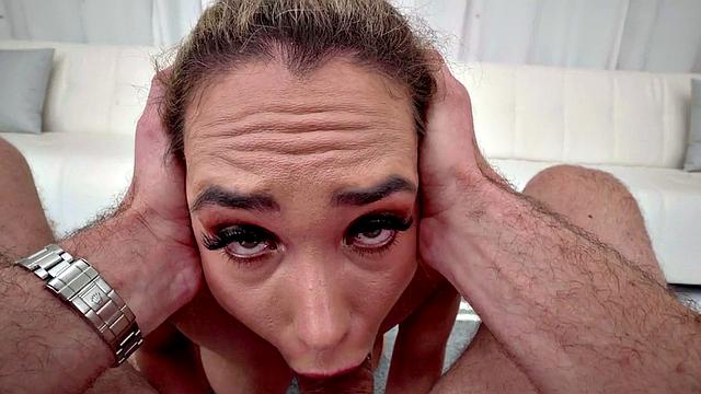 Big-tits blondie deepthroating boyfriend's dick