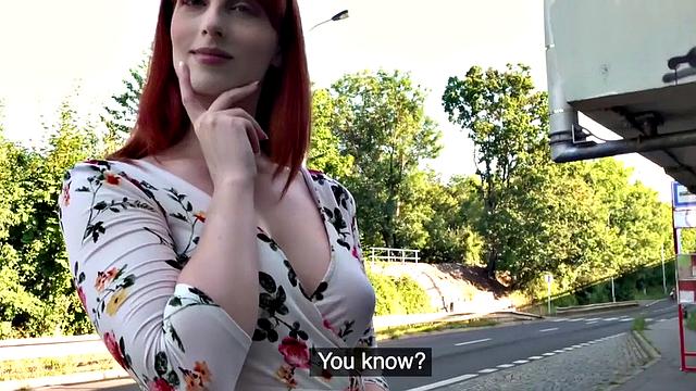 Pulled redhead doggystyled outdoor after riding cock