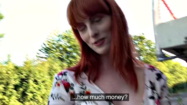 Pulled redhead doggystyled outdoor after riding cock