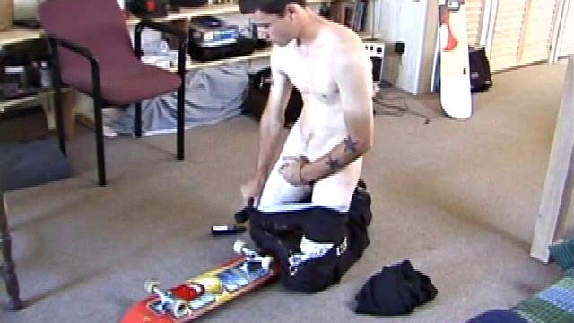 Dan puts on a porn video and starts getting his cock hard. We get a long stroke show as he edges himself close to climax. Once he's past the point of no return, Dan shoots his cum onto the skateboard.