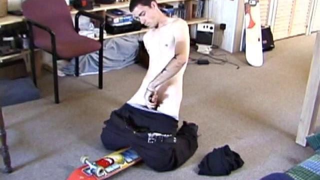Dan puts on a porn video and starts getting his cock hard. We get a long stroke show as he edges himself close to climax. Once he's past the point of no return, Dan shoots his cum onto the skateboard.