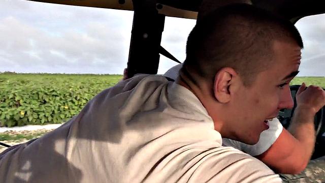 Military jock fucked outdoors on army van by colleague